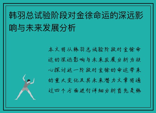 韩羽总试验阶段对金徐命运的深远影响与未来发展分析