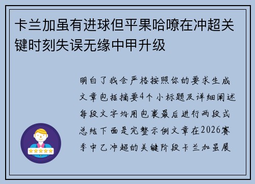 卡兰加虽有进球但平果哈嘹在冲超关键时刻失误无缘中甲升级