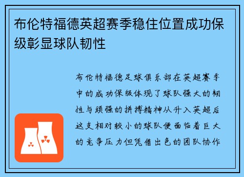 布伦特福德英超赛季稳住位置成功保级彰显球队韧性